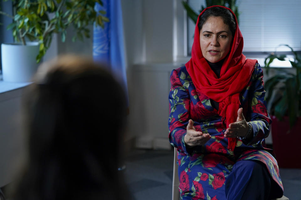 Fawzia Koofi, one of the Afghanistan's once-prominent female leaders — a former parliament member, candidate for president and a nominee for the Nobel Peace Prize -- speaks during an interview with The Associated Press, Wednesday, Oct. 20, 2021, in New York. Koofi called for humanitarian aid sent to Afghanistan to be contingent on the participation of women in its distribution, as well as free and safe travel for Afghans into and out of the country. (AP Photo/Mary Altaffer)