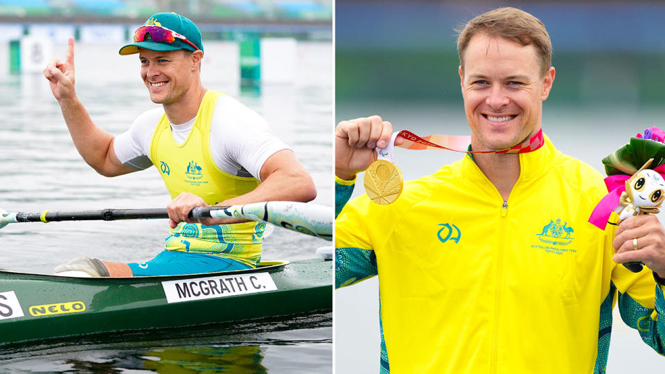 Seen here, Curtis McGrath celebrates after winning gold in the men's kayak single 200m KL2 final at the Tokyo Paralympics. 