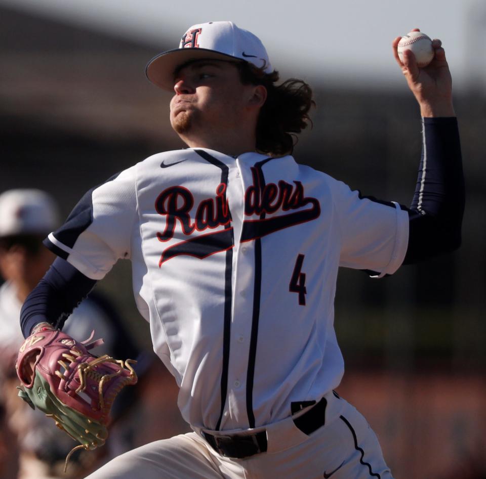 Harrison Raiders Corbin Payne (4) pitches during the IHSAA baseball game against the McCutcheon Mavericks, Tuesday, April 18, 2023, at Harrison High School in West Lafayette, Ind. Harrison Raiders won 6-0.