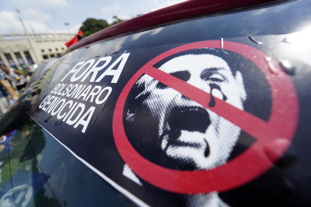 Protesters called for the impeachment of Brazil's far-right President Jair Bolsonaro in February, when the country's COVID-19 crisis was spiraling out of control. Bolsonaro's government has attempted to crack down on critics as his approval ratings have fallen to the lowest point of his presidency. (Photo: NurPhoto via Getty Images)