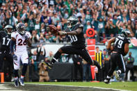 <p>Running back Corey Clement #30 of the Philadelphia Eagles leaps into the endzone to score a touchdown against the Denver Broncos during the first quarter at Lincoln Financial Field on November 5, 2017 in Philadelphia, Pennsylvania. (Photo by Mitchell Leff/Getty Images) </p>