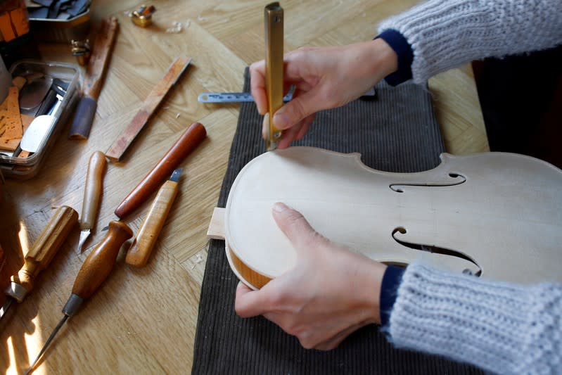 A replica of Antonio Stradivari's 'Huberman' violin in the making is seen at the shop of internationally recognised self-taught craftsman Svetozar Bogdanovski, in Veles