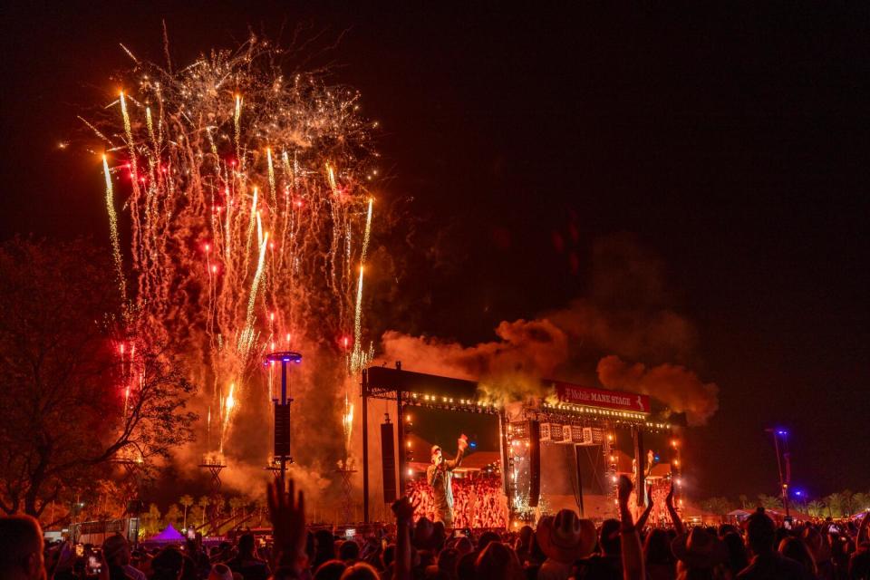 Fireworks finish the show as Sunday headliner Morgan Wallen performs on the Mane Stage on the final day of Stagecoach.