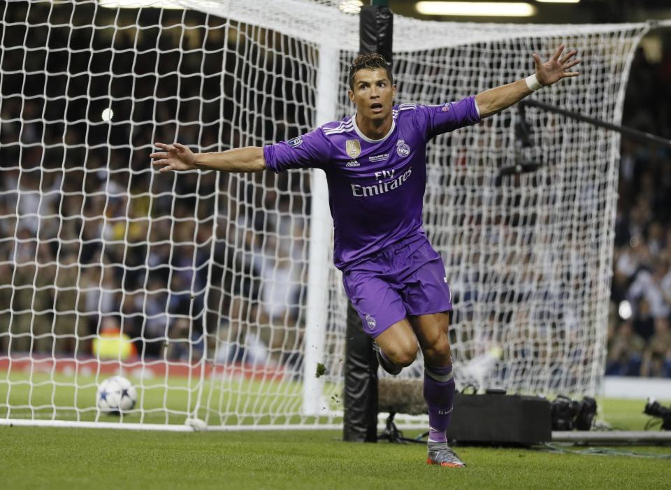 <p>Cristiano Ronaldo celebrates after scoring his second goal </p>