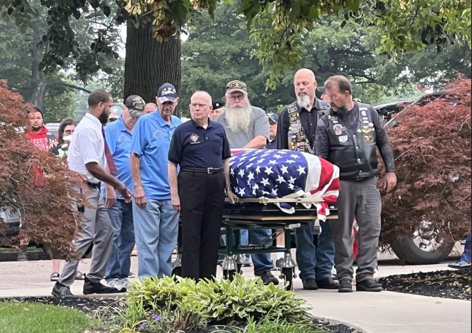 Dozens of people attended the funeral of local Marine veteran James Brooks at the Dayton National Cemetery Thursday. Brooks died at the Dayton VA recently, but had no known family members. (Xavier Hershovitz/Staff)