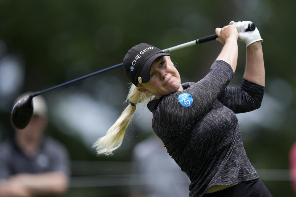Stephanie Meadow, of Northern Ireland, hits off the tee on the fifth hole during the third round of the Women's PGA Championship golf tournament, Saturday, June 24, 2023, in Springfield, N.J. (AP Photo/Seth Wenig)