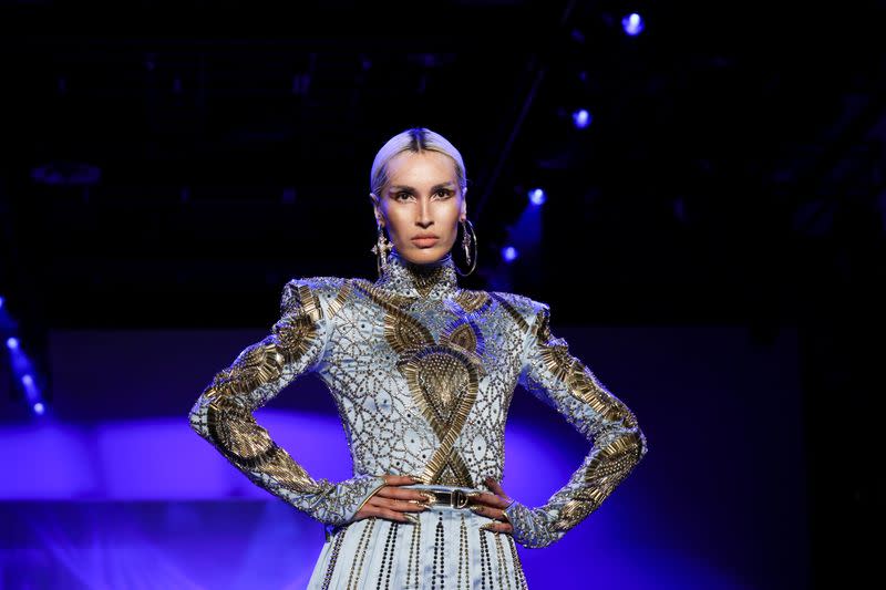 A model presents a creation from the Blonds Fall 2020 collection during New York Fashion Week