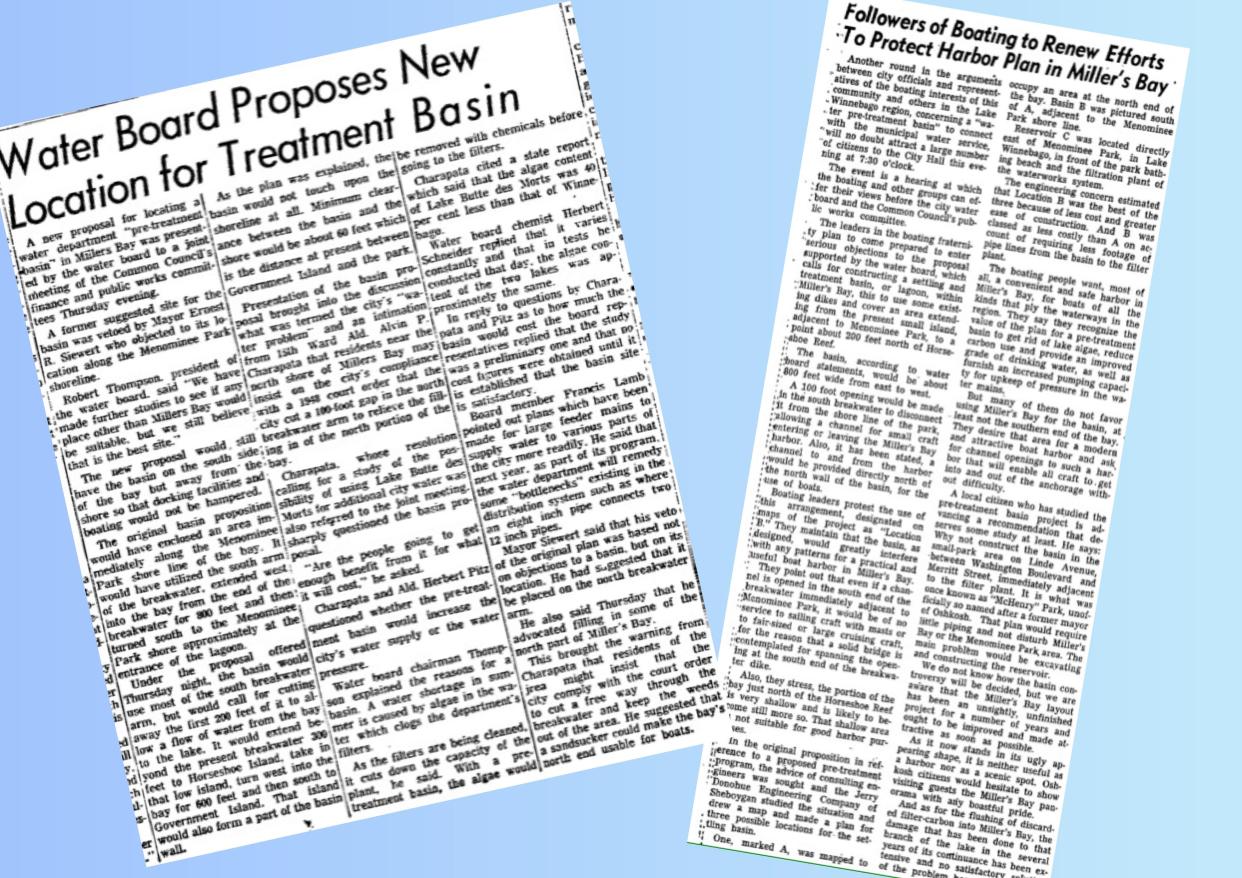 Excerpts from the Oshkosh Daily Northwestern. The Aug. 19, 1955, excerpt (left) reports on the water board's proposal for a pre-treatment basin. The July 19, 1956, excerpt previews a meeting between boating leaders and city officials regarding the pre-treatment basin.