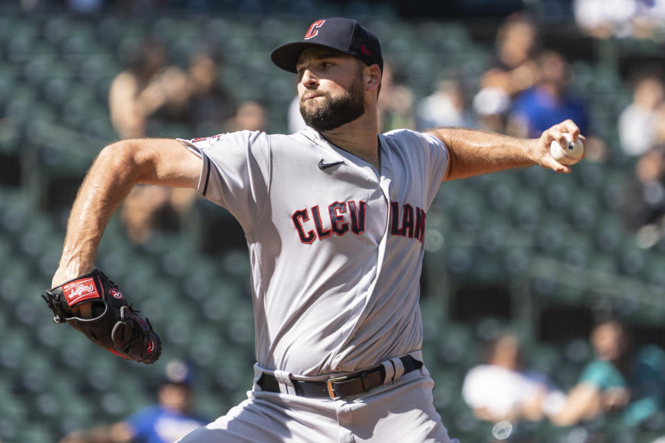 Cleveland Guardians reliever Sam Hentges delivers a pitch during the seventh inning of a baseball game against the Seattle Mariners, Thursday, Aug. 25, 2022, in Seattle. (AP Photo/Stephen Brashear)