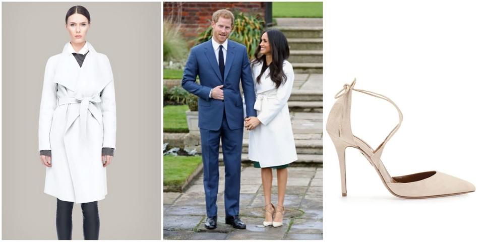 <p>For her royal engagement announcement, Markle wore a white coat by Toronto-based label <a rel="nofollow noopener" href="https://linethelabel.com/" target="_blank" data-ylk="slk:Line the Label;elm:context_link;itc:0;sec:content-canvas" class="link ">Line the Label</a> (online website coming soon but similar version available <a rel="nofollow noopener" href="https://www.net-a-porter.com/gb/en/product/942724/The_Row/naido-brushed-cashmere-blend-cardigan" target="_blank" data-ylk="slk:here;elm:context_link;itc:0;sec:content-canvas" class="link ">here</a>) teamed with 'Matilde' heels by Italian footwear brand <a rel="nofollow noopener" href="https://www.aquazzura.com/en/boutique-online/woman/view-all/pumps/pointy-toe/matilde-105-nude-suede.html" target="_blank" data-ylk="slk:Aquazurra;elm:context_link;itc:0;sec:content-canvas" class="link ">Aquazurra</a>.</p>