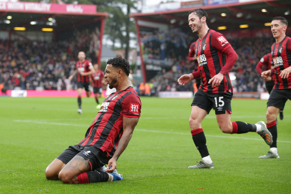 BOURNEMOUTH, ENGLAND - NOVEMBER 02: Joshua King of Bournemouth celebrates with team-mates after he scores a goal to make it 1-0 during the Premier League match between AFC Bournemouth and Manchester United at Vitality Stadium on November 02, 2019 in Bournemouth, United Kingdom. (Photo by Robin Jones - AFC Bournemouth/AFC Bournemouth via Getty Images)