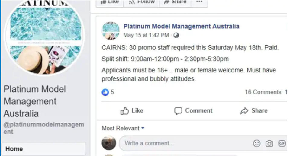 Platinum Model Agency appeared to have posted a Facebook call out Wednesday, calling for “promo staff” aged over 18 years, to do some paid work on election day. Source: The Cairns Post