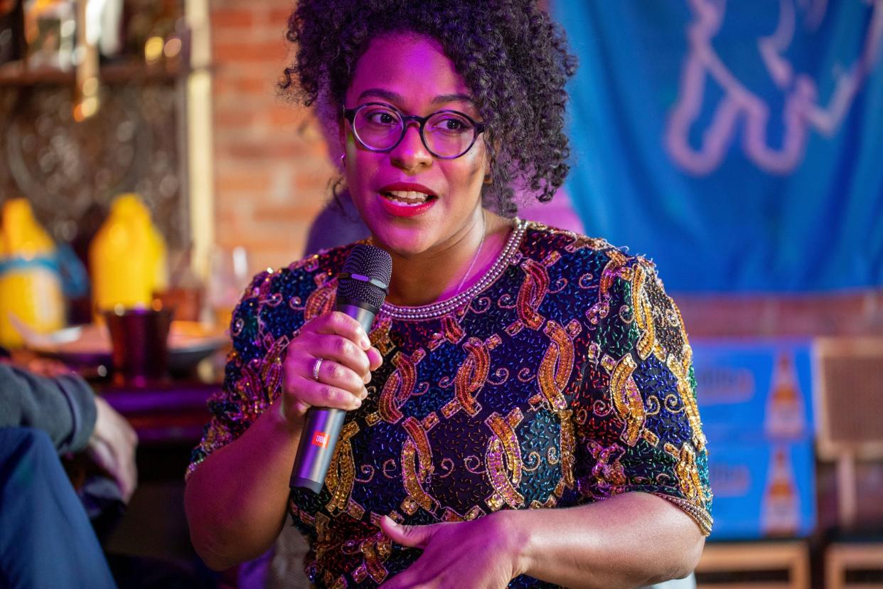 Lyndsay C. Green, restaurant and dining critic for the Detroit Free Press, talks about Midnight Temple being selected for the Detroit Free Press and Metro Detroit Chevy Dealers Top 10 Takeover during the series at the restaurant in Eastern Market in Detroit on Wednesday, April 24, 2024.