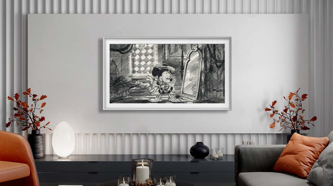  Samsung Frame TV X Disney collab showing a black and white sketch of Mickey mouse 