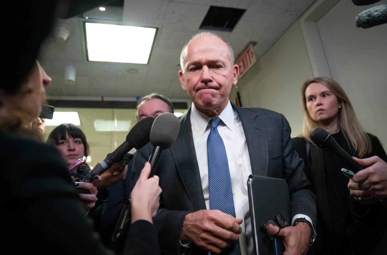 David Calhoun, president and chief executive officer of The Boeing Company, following a visit to the office of Sen. Mark Warner (D-VA) in the Hart Senate Office Building on Jan. 24, 2024.