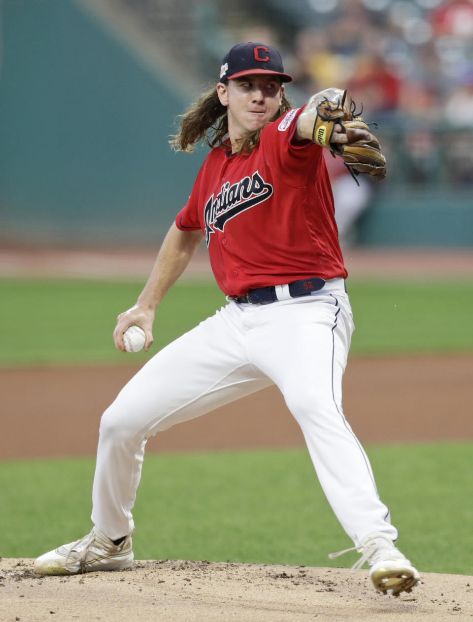 Cleveland Indians starting pitcher Mike Clevinger delivers in the first inning in a baseball game against the Detroit Tigers, Thursday, Sept. 19, 2019, in Cleveland. (AP Photo/Tony Dejak)