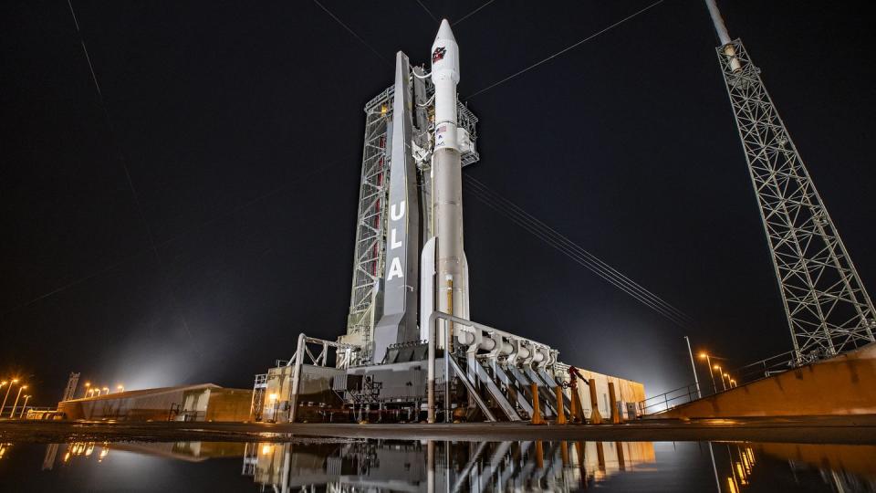 The United Launch Alliance (ULA) Atlas V rocket that carried the U.S. Space Force's fifth geosynchronous Space Based Infrared System satellite into orbit sitting on the pad at Space Launch Complex 41 at Cape Canaveral at sunset.  (United Launch Alliance)