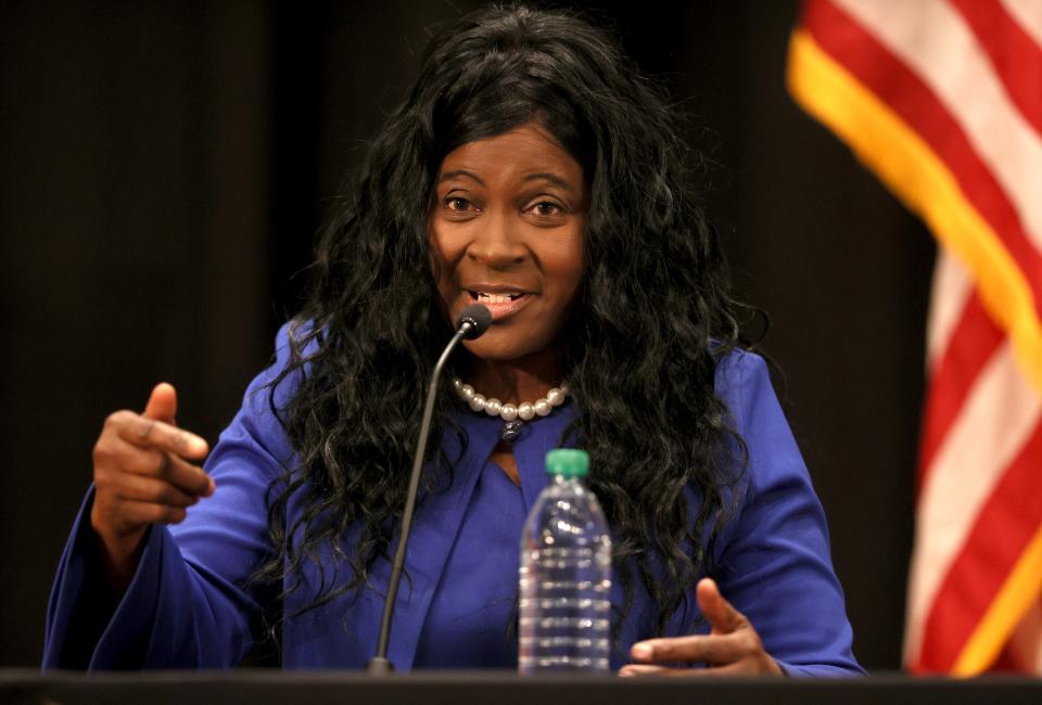 Democratic Gubernatorial Candidate Carnita Atwater speaks during a forum at the Watkins Auditorium inside the Boling University Center at the University of Tennessee at Martin on Thursday, June 9, 2022.