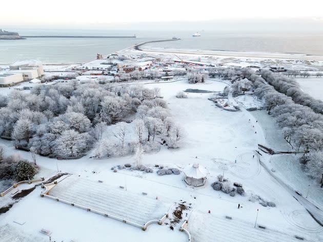 Snow and ice blanket Marine park on the coast at South Shields in the North East on Tuesday. 