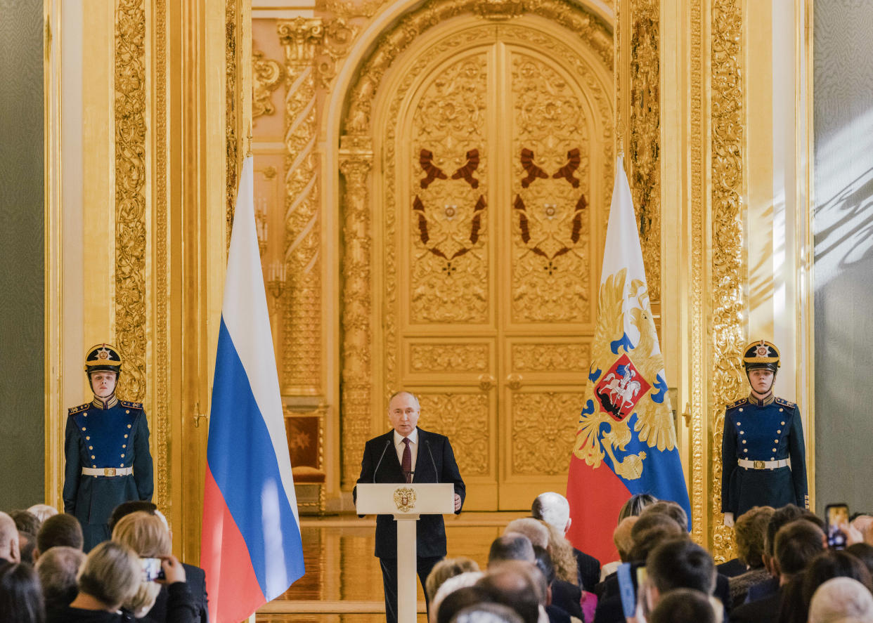 President Vladimir Putin of Russia delivers remarks during a meeting in the Kremlin in Moscow, March 20, 2024. (Nanna Heitmann/The New York Times)