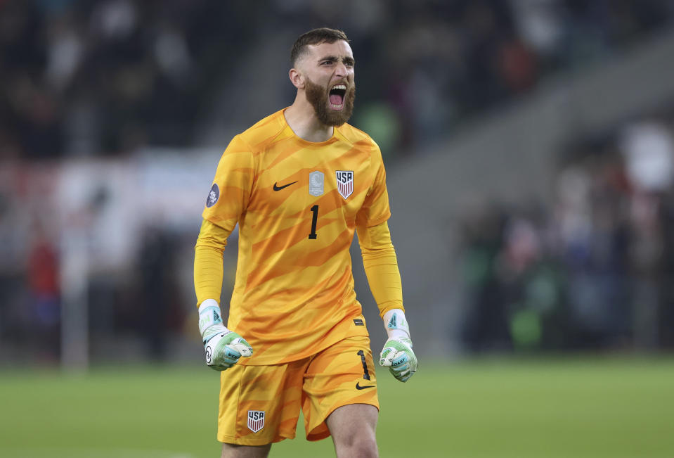 U.S. goalkeeper Matt Turner (1) celebrates a U.S. goal against Trinidad and Tobago during the second half of the first leg of a CONCACAF Nations League soccer quarterfinal Thursday, Nov. 16, 2023, in Austin, Texas. (AP Photo/Stephen Spillman)