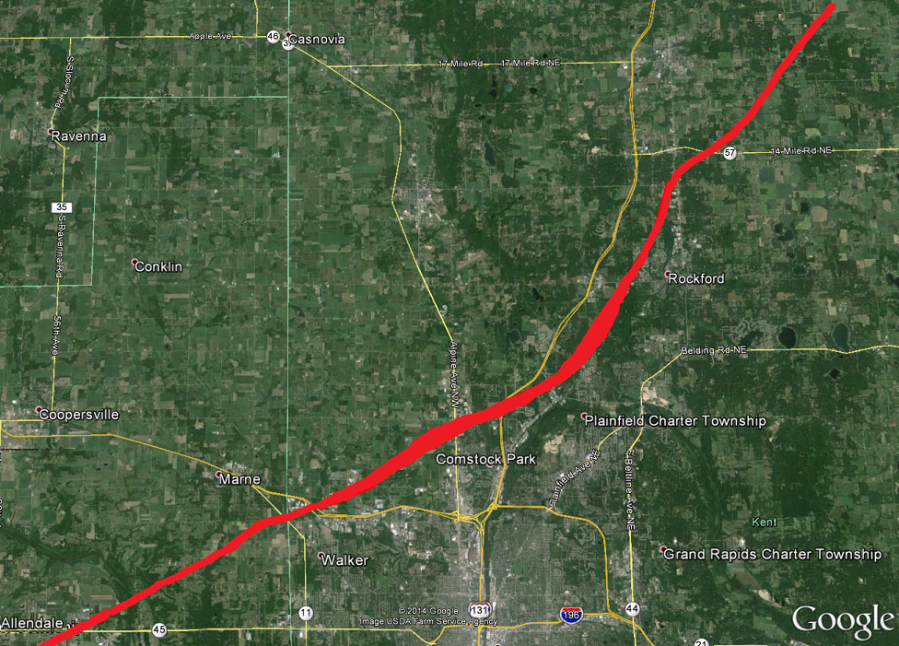 Path of the Palm Sunday tornado that moved from near Allendale to Trufant.