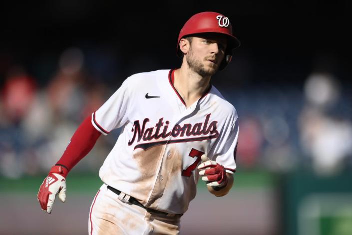 Trea Turner rounds the bases after hitting a home run.