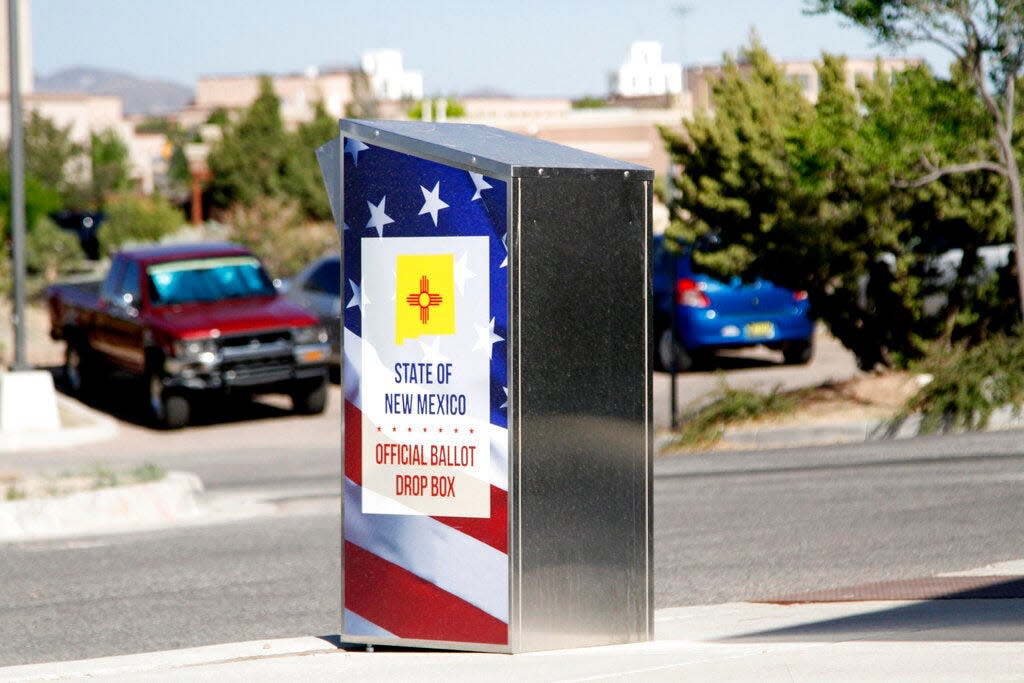 A ballot drop box awaits deposits at an early voting center in Santa Fe, N.M., on Wednesday, June 1, 2022.