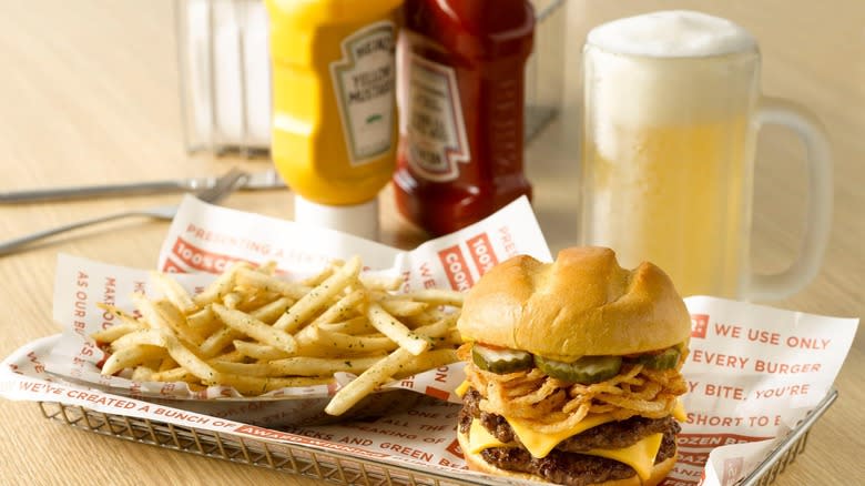 burger, fries and beer