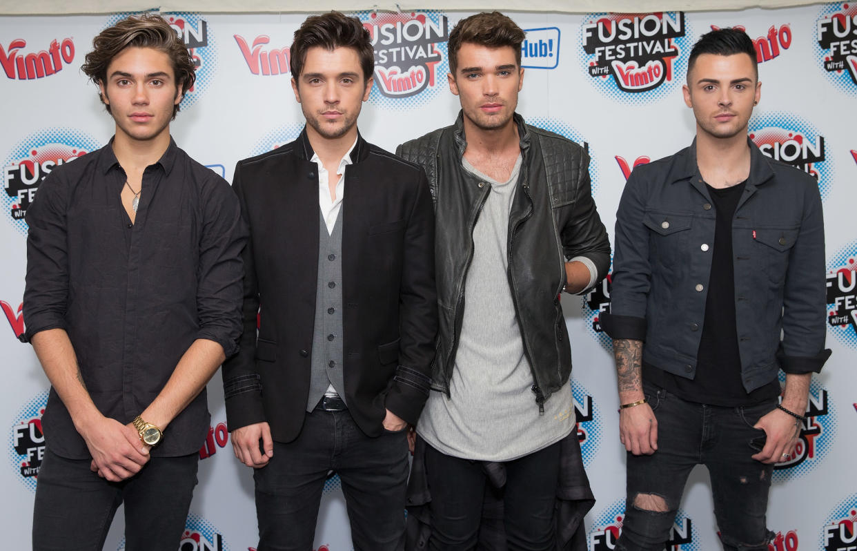 BIRMINGHAM, ENGLAND - AUGUST 30:  (L-R) George Shelley, JJ Hamblett, Josh Cuthbert and Jaymi Hensley of Union J pose in the Press Room at Fusion Festival at Cofton Park on August 30, 2015 in Birmingham, England.  (Photo by Jo Hale/Redferns)