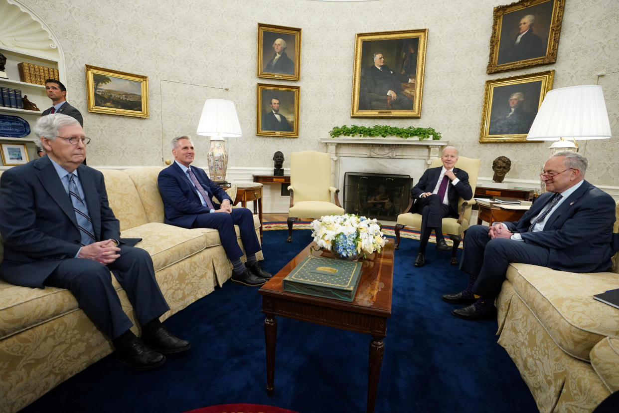 President Biden hosts debt limit talks with House Speaker Kevin McCarthy (R-CA), Senate Minority Leader Mitch McConnell (R-KY) and Senate Majority Leader Chuck Schumer (D-NY) in the Oval Office at the White House in Washington, U.S., May 9, 2023. (Kevin Lamarque/Reuters)