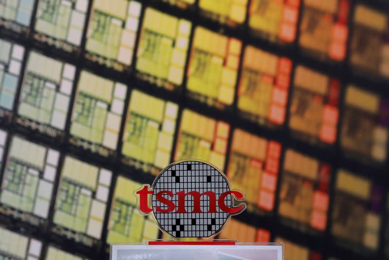 FILE PHOTO: A logo of Taiwan Semiconductor Manufacturing Co (TSMC) is seen at its headquarters in Hsinchu