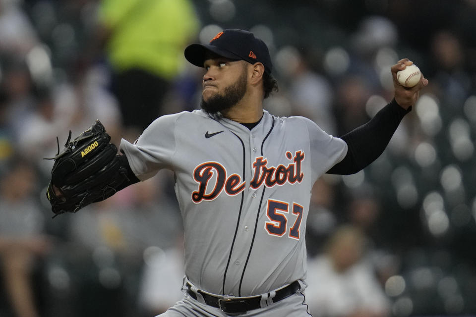 Detroit Tigers starting pitcher Eduardo Rodriguez throws during the first inning of a baseball game against the Chicago White Sox, Friday, Sept. 1, 2023, in Chicago. (AP Photo/Erin Hooley)