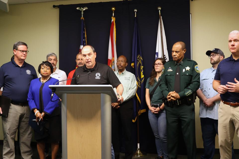 Leon County Emergency Management Director Kevin Peters speaks at a press conference at the Leon County Emergency Operations Center on Sunday, August 4, 2024.