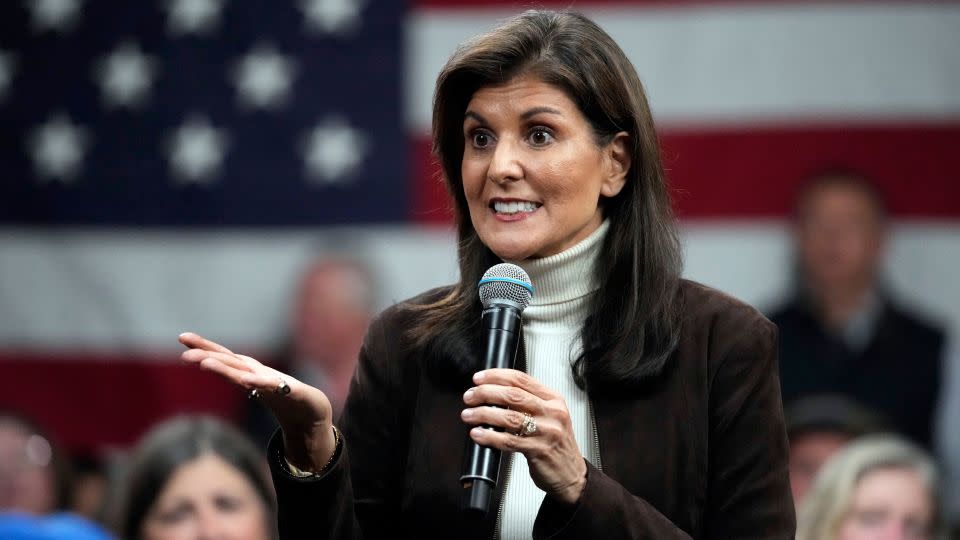 Former South Carolina Gov. Nikki Haley speaks at a town hall in Manchester, New Hampshire, on December 12, 2023. - Robert F. Bukaty/AP