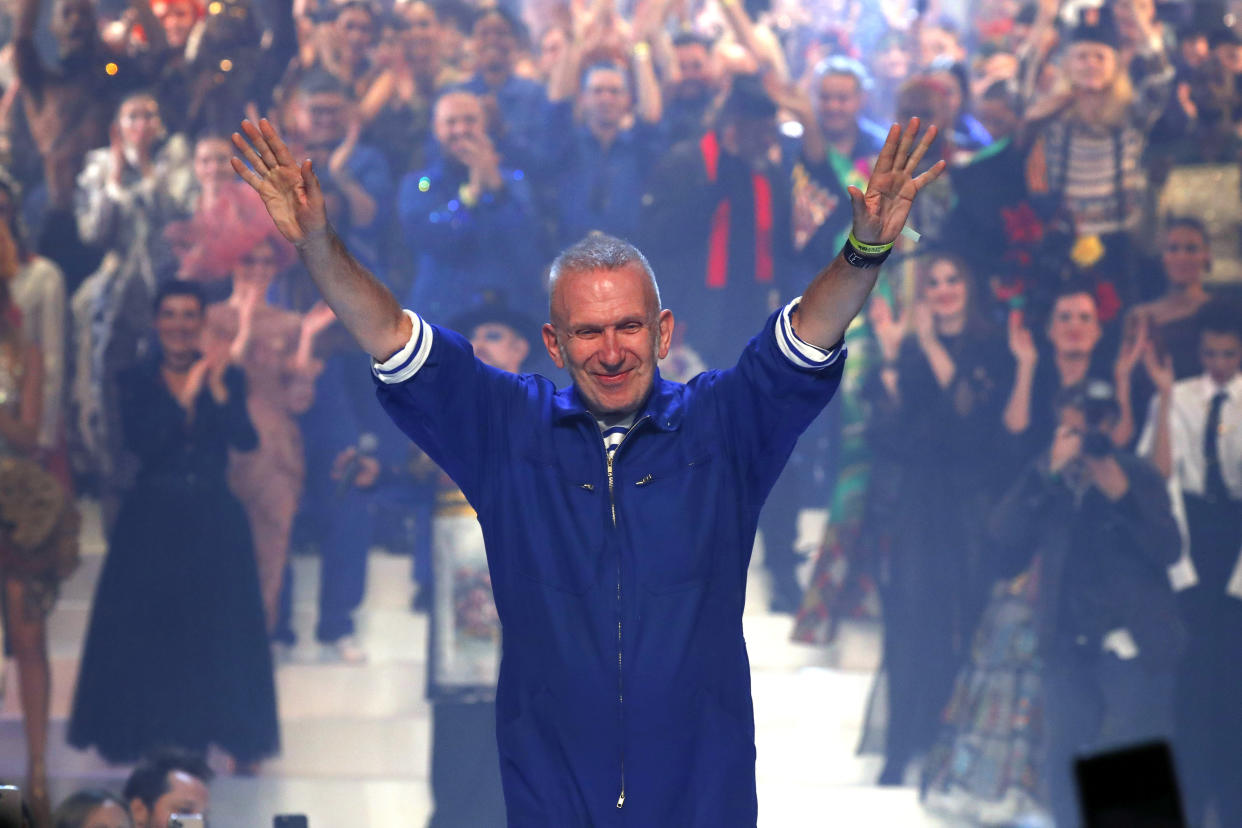 PARIS, FRANCE – JANUARY 22: Fashion designer Jean-Paul Gaultier acclaimed by the audience during the Jean-Paul Gaultier Haute Couture Spring/Summer 2020 show as part of Paris Fashion Week at Theatre Du Chatelet on January 22, 2020 in Paris, France. (Photo by Estrop/Getty Images)