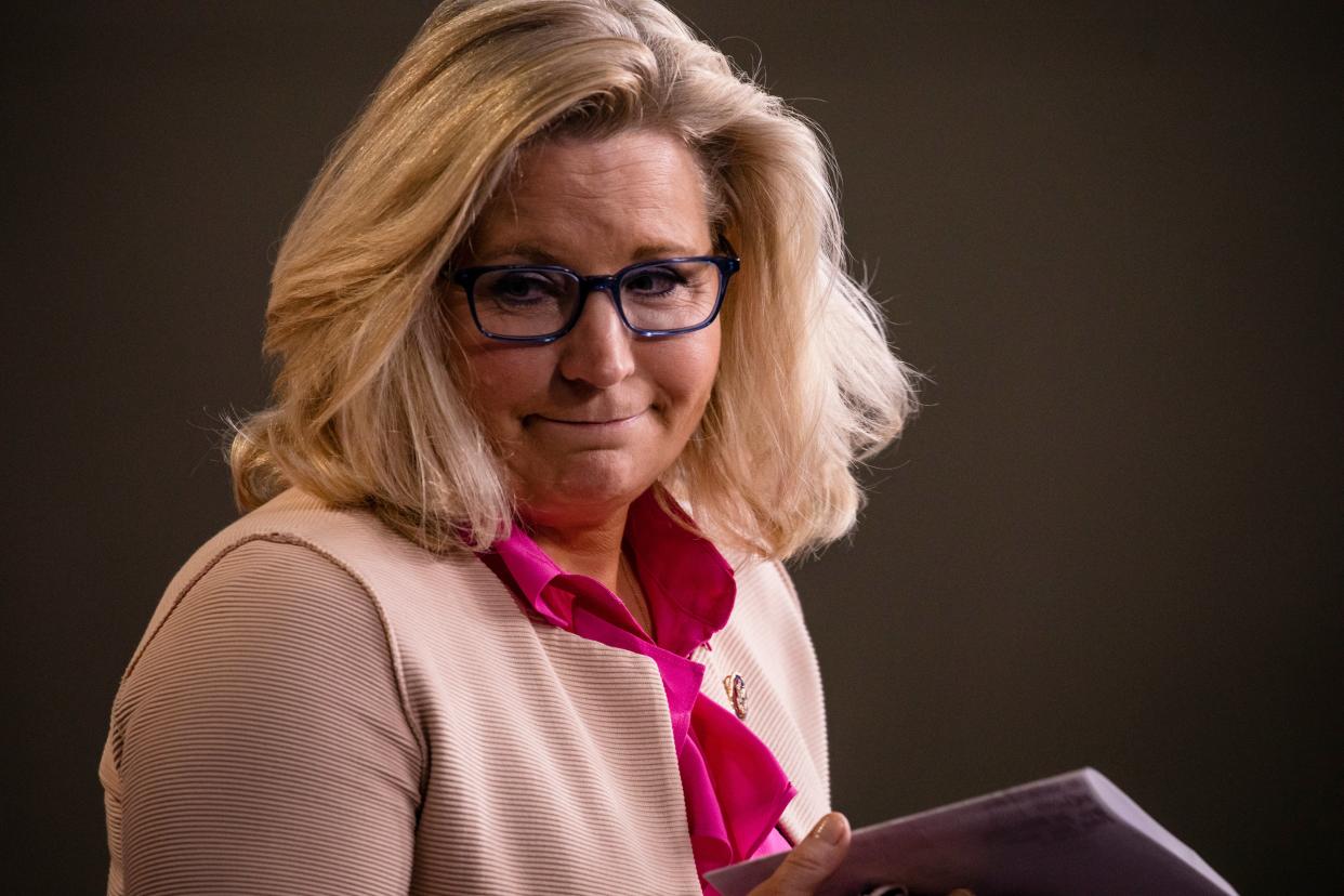 <p>Liz Cheney (R-WY) leaves the podium after speaking during a news conference with other Republican members of the House of Representatives at the Capitol on July 21, 2020 in Washington, DC</p> (Photo by Samuel Corum/Getty Images)