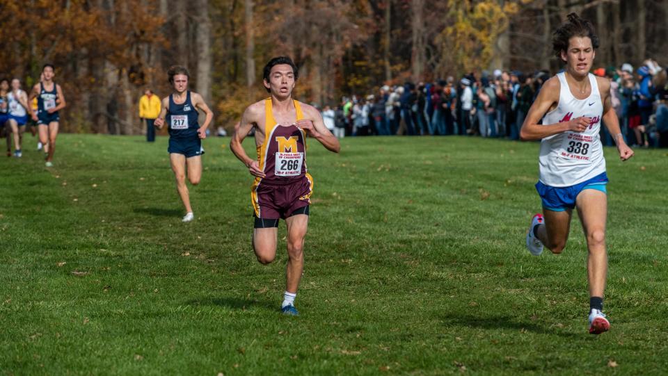 Madison senior Adam Angelone heads for the finish line at the NJSIAA cross country Meet of Champions on Nov. 20, 2021 at Holmdel Park,  Holmdel NJ. Photo James J. Connolly Correspondent