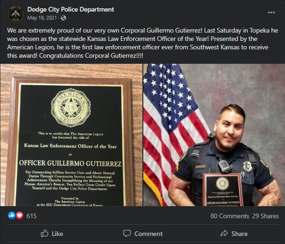 In May 2021, the Dodge City Police Department shared a Facebook post announcing an award given to former Officer Guillermo Gutierrez by The American Legion as its Kansas Law Enforcement Officer of the Year. In October 2022, Gutierrez was indicted by a Ford County grand jury on charges of rape and sexual assault.