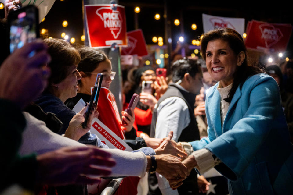 Nikki Haley greets supporters upon arrival at a campaign rally in Charleston, S.C. on at the New Realm Brewing Co. on Feb. 04, 2024<span class="copyright">Brandon Bell—Getty Images</span>