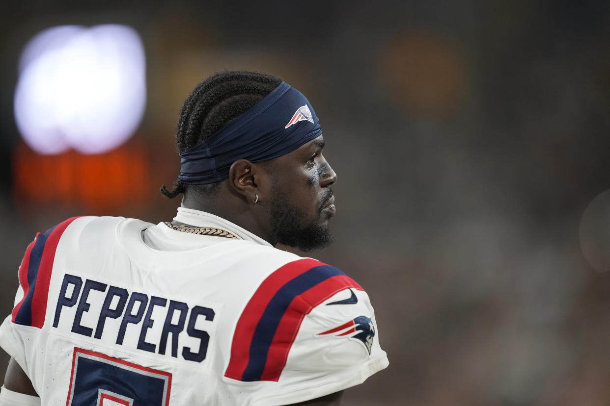 GREEN BAY, WISCONSIN - AUGUST 19: Jabrill Peppers #5 of the New England Patriots looks on in the second half against the Green Bay Packers during a preseason game at Lambeau Field on August 19, 2023 in Green Bay, Wisconsin. (Photo by Patrick McDermott/Getty Images)