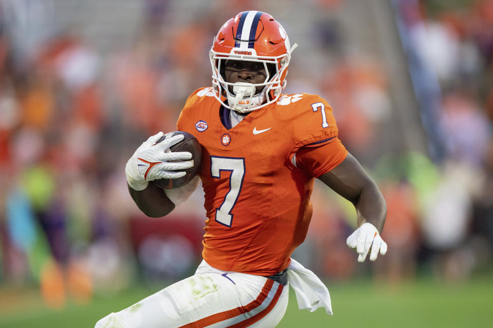 FILE - Clemson running back Phil Mafah (7) plays against North Carolina during an NCAA college football game Saturday, Nov. 18, 2023, in Clemson, S.C. Clemson's offense is searching for playmakers this season after a year when the team's mistakes had them at 4-4 and out of ACC title contention by the end of October. The Tigers rallied for five straight victories, but don't want to dig a similar hole this season. (AP Photo/Jacob Kupferman, File)