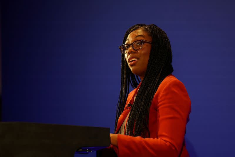 FILE PHOTO: Britain's Business and Trade Secretary Kemi Badenoch speaks during her press conference at the Manufacturing Technology Centre in Coventry