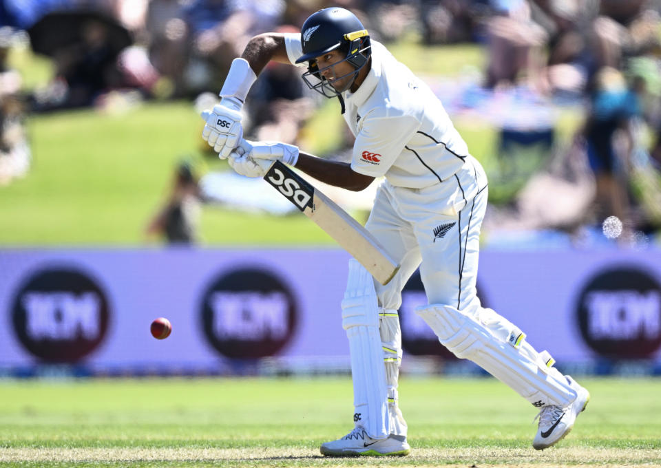 Rachin Ravindra of New Zealand bats during the first day of the first cricket test between New Zealand and South Africa at Bay Oval, Mt Maunganui, New Zealand. Sunday Feb. 4, 2024. (Photo: Andrew Cornaga/Photosport via AP)