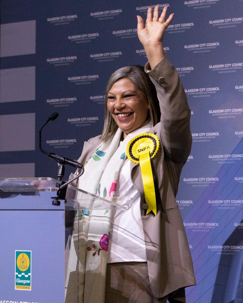 Kaukab Stewart on stage after winning Glasgow Kelvin for the SNP in the Scottish parliamentary elections.