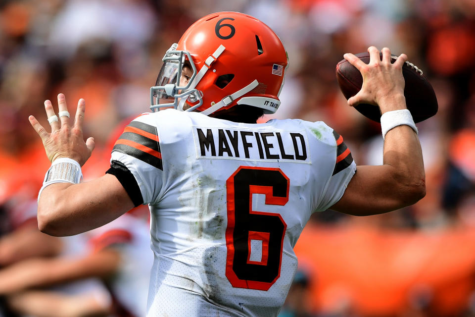 CLEVELAND, OHIO - SEPTEMBER 26: Baker Mayfield #6 of the Cleveland Browns makes a pass during a game between the Cleveland Browns and Chicago Bears at FirstEnergy Stadium on September 26, 2021 in Cleveland, Ohio. (Photo by Emilee Chinn/Getty Images)