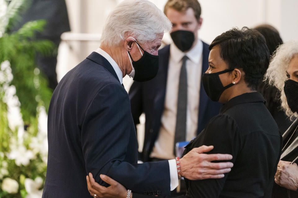 Former President Bill Clinton speaks with Atlanta Mayor Keisha Lance Bottoms during funeral services for Henry "Hank" Aaron, longtime Atlanta Braves player and Hall of Famer, on Wednesday, Jan. 27, 2021 at Friendship Baptist Church in Atlanta. (Kevin D. Liles/Atlanta Braves via AP, Pool)