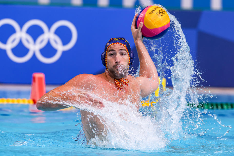 TOKYO, JAPAN - JULY 27: Blai Mallarach of Team Spain during the Tokyo 2020 Olympic Waterpolo Tournament men match between Montenegro and Spain at Tatsumi Waterpolo Centre on July 27, 2021 in Tokyo, Japan (Photo by Marcel ter Bals/BSR Agency/Getty Images)