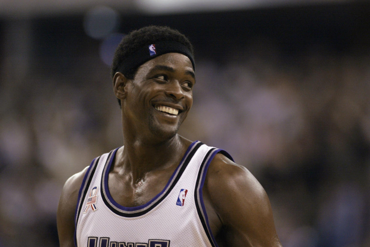 Forward Chris Webber #4 of the Sacramento Kings smiles in Game five of the Western Conference Finals against the Los Angeles Lakers.