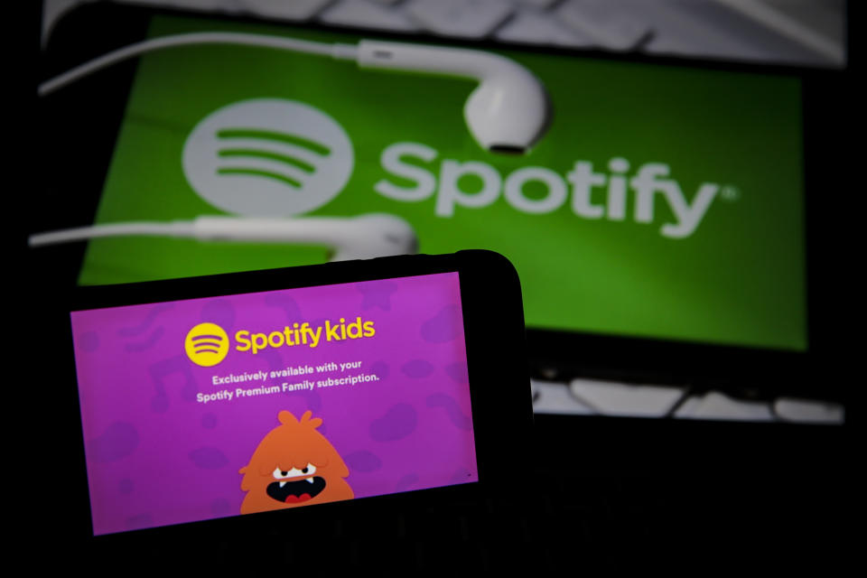 ANKARA, TURKEY - MAY 22: The logo of the Spotify kids is seen on a smartphone in front of the Spotify logo in Ankara, Turkey on May 22, 2020. Metin Aktas / Anadolu Agency